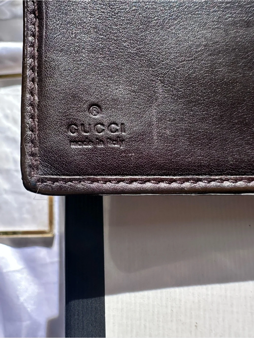 Authentic Gucci Brown Guccissima Metal Bar French Flap Leather Wallet